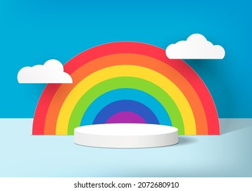 Abstract cartoon scene.Stage podium decorated with rainbows, clouds. 3d pedestal summer scene or platform for product display, advertising, show, winner, on light blue background. Vector illustration.