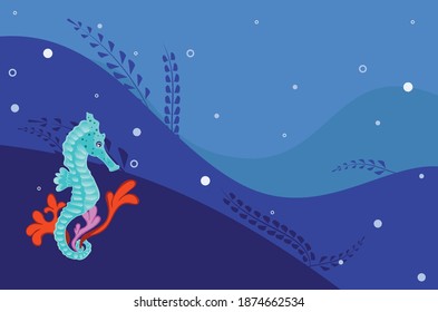 Abstract Cartoon Seahorse, Colorful Underwater Landscape Illustration.