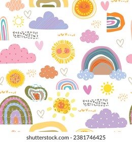 Abstract cartoon seamless kids pattern with clouds, rainbows and sun on the sky, Doodle. Cute seamless pattern on white background. Vector illustration.