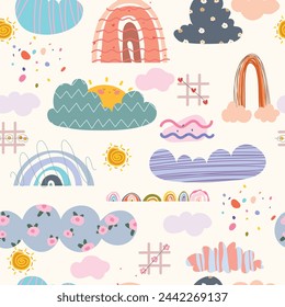 Abstract cartoon seamless kids pattern with clouds, rainbows and sun on the sky, Doodle. Cute seamless pattern on white background. Vector illustration.	
