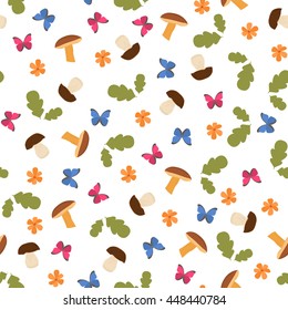 Abstract cartoon seamless pattern with butterflies, mushrooms, oak leaves, flowers on white . Vector .