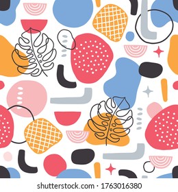 Abstract cartoon seamless pattern with contour monstera leaves, circles, stars, dots, geometric shapes on white background. Scandinavian style. Perfect for child holidays, wallpaper, textile 