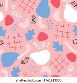 Abstract cartoon seamless pattern with geometric shapes, moon, leaves, plaid, waves dots on pink background. Scandinavian style. Perfect for child holidays, wallpaper, gift paper, textile 
