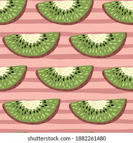 Abstract cartoon seamless pattern with simple green kiwi elements. Pink striped background. Designed for fabric design, textile print, wrapping, cover. Vector illustration.