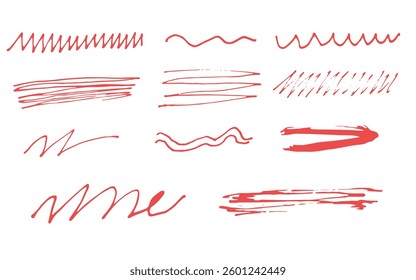 Abstract cartoon set red lines waves, hand drawn strokes 
Vector hand drawn lines