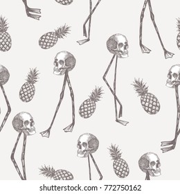 Abstract cartoon skull on flamingo legs pineapple in pencil white background. Funny vector wallpaper seamless pattern