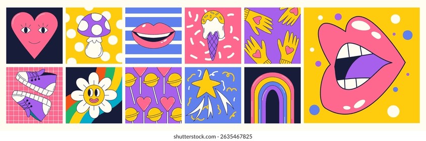 Abstract cartoon sticker. Art doodle retro design. Color shape. Comics graphic for music. Love heart smile. Daisy flower. Psychedelic labels. Woman mouth lips. Vector summer groovy garish patches set