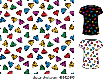Abstract cartoon style diamond seamless pattern, good for textile and paper print, card, poster, another design. Crystals vector illustration. Simple multicolor ornament on t-shirt template.