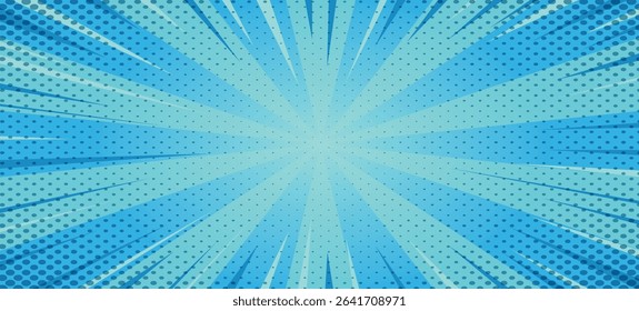 Abstract cartoon style halftone zoom pattern. Comic background. Dotted backdrop with circles, dots, point small scale. Design element for web banners, wallpapers, cards, posters, sites. Dark Blue