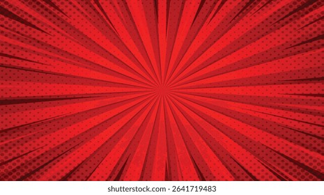 Abstract cartoon style halftone zoom pattern. Comic background. Dotted backdrop with circles, dots, point small scale. Design element for web banners, wallpapers, cards, posters, sites. Red color