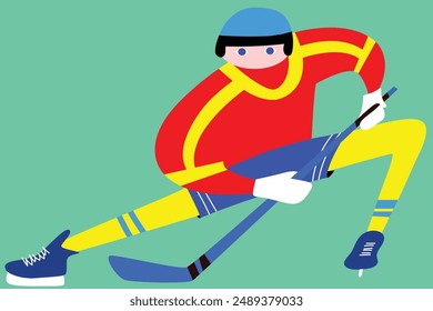 Abstract cartoon style illustration of hockey player with elongated limbs in red, yellow, and blue attire, holding hockey stick on bright turquoise background. Concept of sport, competition, game.