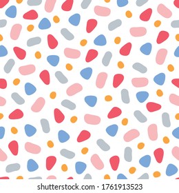 Abstract cartoon terrazzo seamless pattern on white background. Scandinavian style. Perfect for child holidays, wallpaper, gift paper, textile 