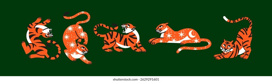 Abstract cartoon tigers in doodle retro style 90s.Hippie groovy animals hand drawn