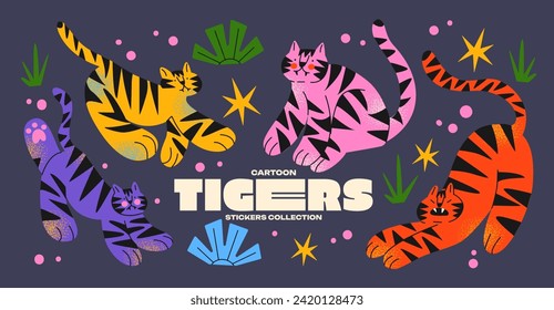 Abstract cartoon tigers in tropical retro style 90s.Hippie groovy animals hand drawn