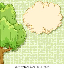Abstract cartoon tree with cloud place for your text on green background. Vector illustration.