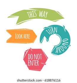 Abstract cartoon trendy design signs with dummy phrases. Flat style modern vector icons.