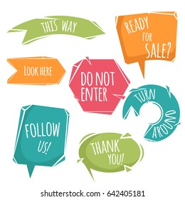 Abstract cartoon trendy design speech bubbles and signs with dummy phrases. Flat style modern vector