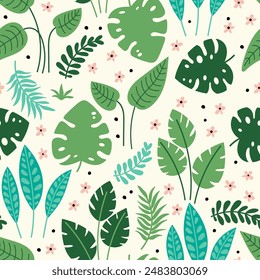 Abstract cartoon tropical pattern with exotic leaves, branches and small flowers on a light background. Vector illustration.