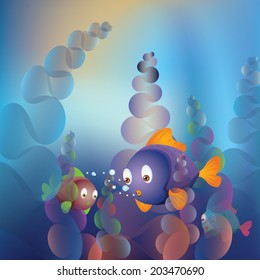 Abstract cartoon underwater background with colorful fishes.