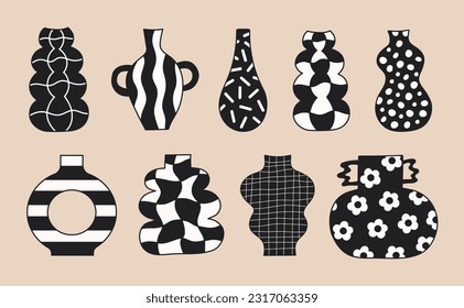 Abstract cartoon vases set with different groovy prints isolated on a beige background. Black and white colors. Vector illustration 
