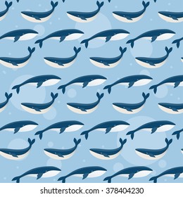 Abstract cartoon whale seamless pattern. Nature and wildlife theme. Whale isolated on blue. Whale in flat style. Drawing blue whale seamless pattern background.