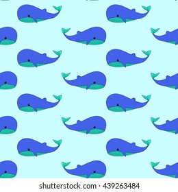 Abstract cartoon whale seamless pattern. Nature and wildlife theme. Whale isolated on blue. Whale in flat style. Drawing blue whale seamless pattern background.