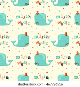 Abstract cartoon whale seamless pattern. Nature and wildlife theme. Whale in flat style. Drawing blue whale seamless pattern background.