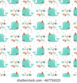 Abstract cartoon whale seamless pattern. Nature and wildlife theme. Whale in flat style. Drawing blue whale seamless pattern background.