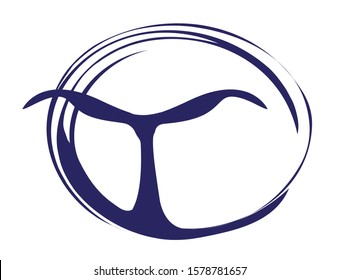 An abstract cartoon whale tail in blue over a white background