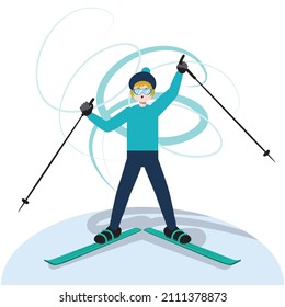 Abstract cartoon woman riding on ski, winter activity illustration.