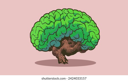 Abstract cartoony brain tree vector illustration isolated on pink background