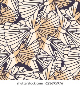 Abstract carved wooden bird seamless pattern