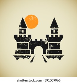 Abstract castle logo in grunge style. Hand drawn castle with towers and gate. Typical castle silhouette on old paper background. Castle stock vector image.