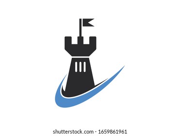 Abstract Castle Tower Logo Design with Modern Blue Swoosh for Business Identity