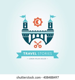 Abstract castle vector logo template. Sun and key icons.