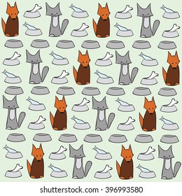 Abstract cat and dog background. Pets and bowls of food.