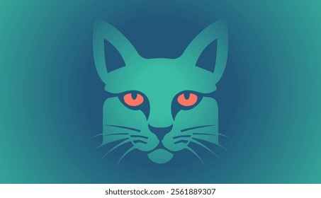 Abstract cat face illustration with vibrant colors. Minimalist illustration of featuring bold geometric shapes and vibrant green and orange hues on a gradient background.