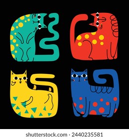 Abstract Cat and Graphic Elements set in Minimal Trendy Style. Hand drawn doodle cats with spots, drops, curves, lines for creating patterns, Invitations, posters, cards, social media posts