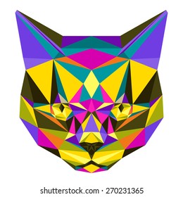 Abstract cat. Graphic polygonal angry cat portrait painted in imaginary colors for card, invitation, poster, placard, book, sketch book, note book, t-shirt, scrapbook background etc.