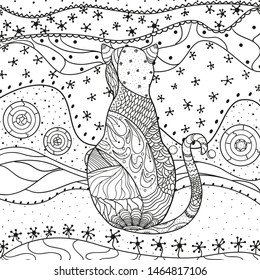 Abstract cat. Hand drawn patterns on isolation background. Design for spiritual relaxation for adults. Black and white illustration for anti stress colouring page