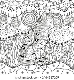 Abstract cat. Hand drawn patterns on isolation background. Design for spiritual relaxation for adults. Black and white illustration for anti stress colouring page