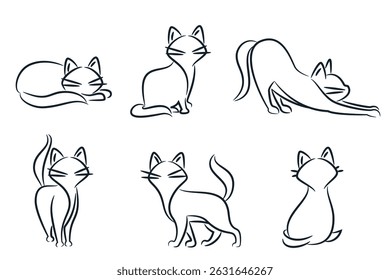 Silhueta linear de gato abstrata em poses diferentes. Ícone de animal de estimação, modelo de design emblema de sinal de logotipo. Conjunto de ilustrações vetoriais. Conceito para pet shop ou veterinária