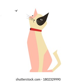 Abstract cat looking at a fly on isolated white background. Vector. 