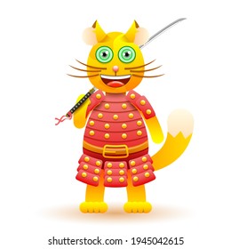 Abstract Cat Ninja Animal With Red Armor Sword Katana Warrior Cute Vector