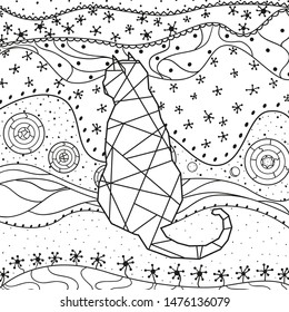 Abstract cat on pattern. Hand drawn abstract patterns on isolation background. Design for spiritual relaxation for adults. Black and white illustration for anti stress colouring page