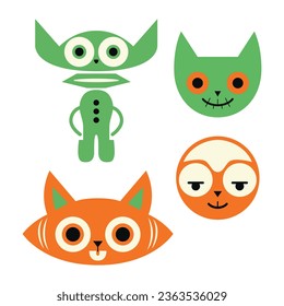 Cuarteto de gatos abstracto de color naranja oscuro y verde claro con máscaras y tótems. Sueño del ilustrador minimalista con proyectos creativos