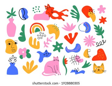 Abstract cat set. Modern trendy graphic stickers with cats, leaves and organic shapes. Vector isolated design elements