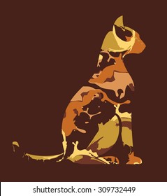 abstract cat silhouette, kartoon with paint streaks color variation, brown