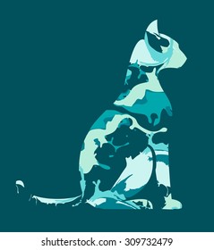 abstract cat silhouette, kartoon with paint streaks color variation, blue