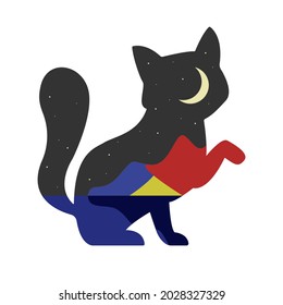 abstract cat.  the silhouette of a wolf with a composition inside. a bright picture with the image of mountains and the sea